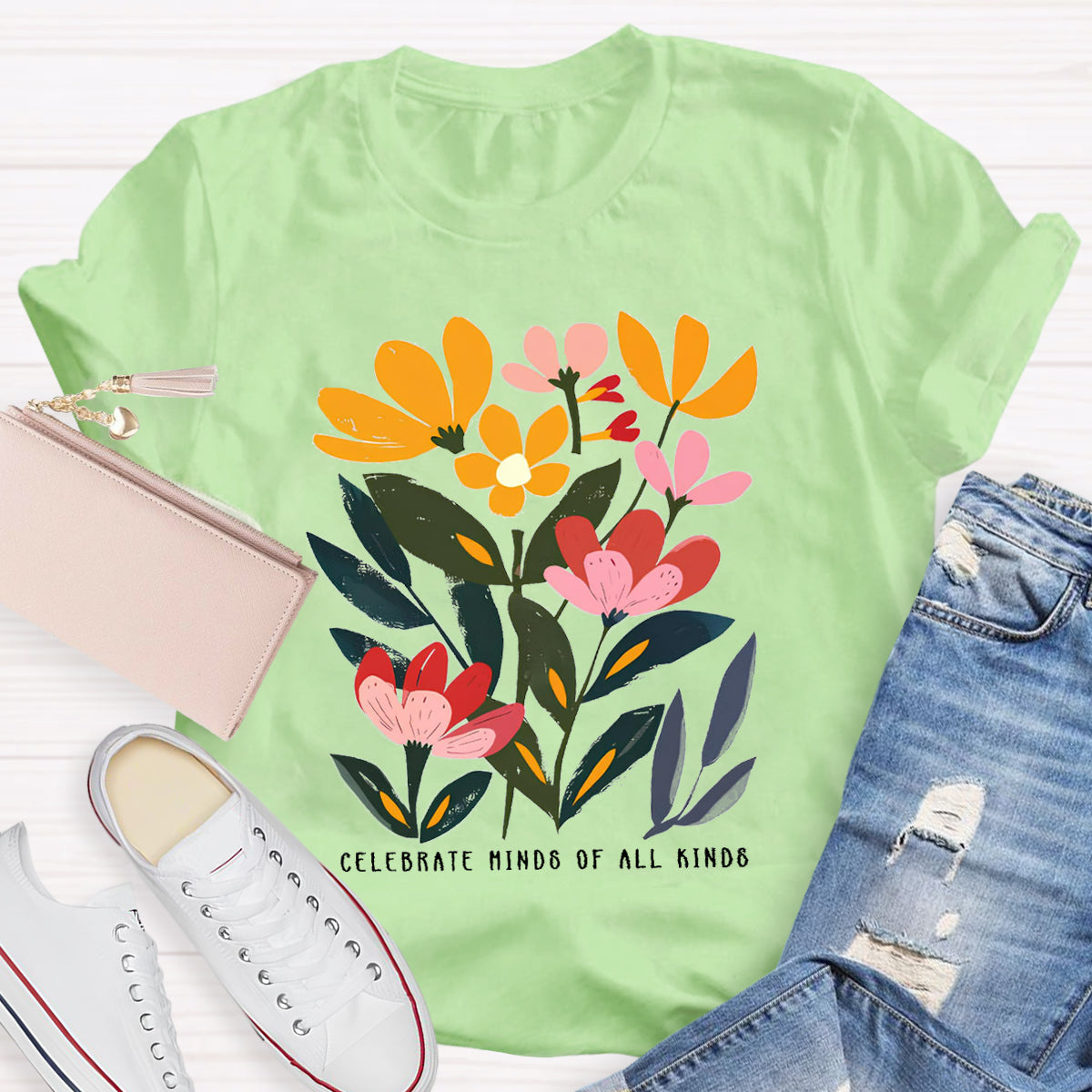 Art Flower Celebrate Minds of All Kinds Teacher T-Shirt