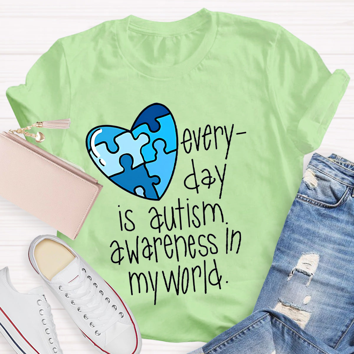 Blue Heart Awareness In My World Teacher T-Shirt