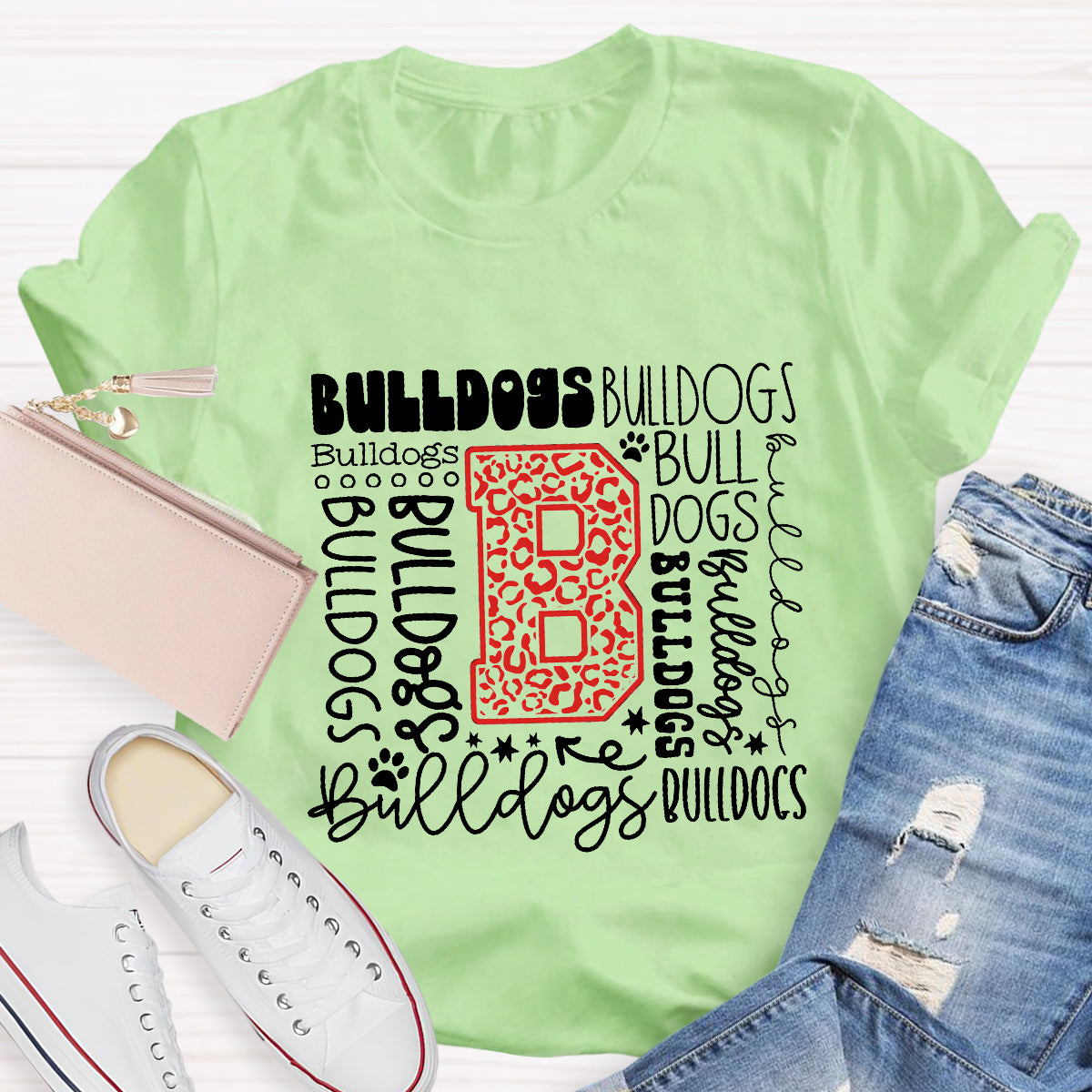 Personalized Mascot Bulldogs Red Printed Teacher T-Shirt