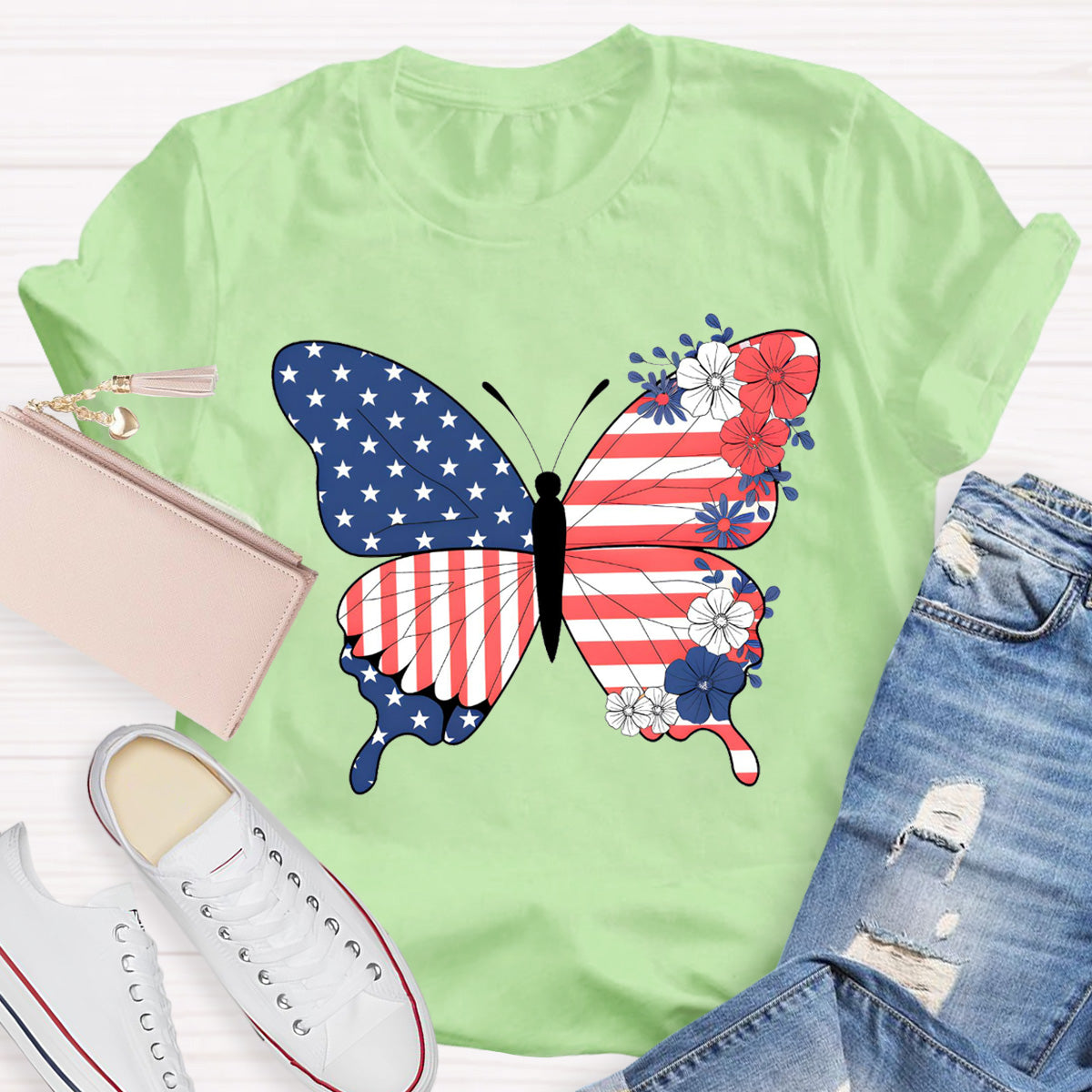 American Flag Butterfly Teacher T-Shirt