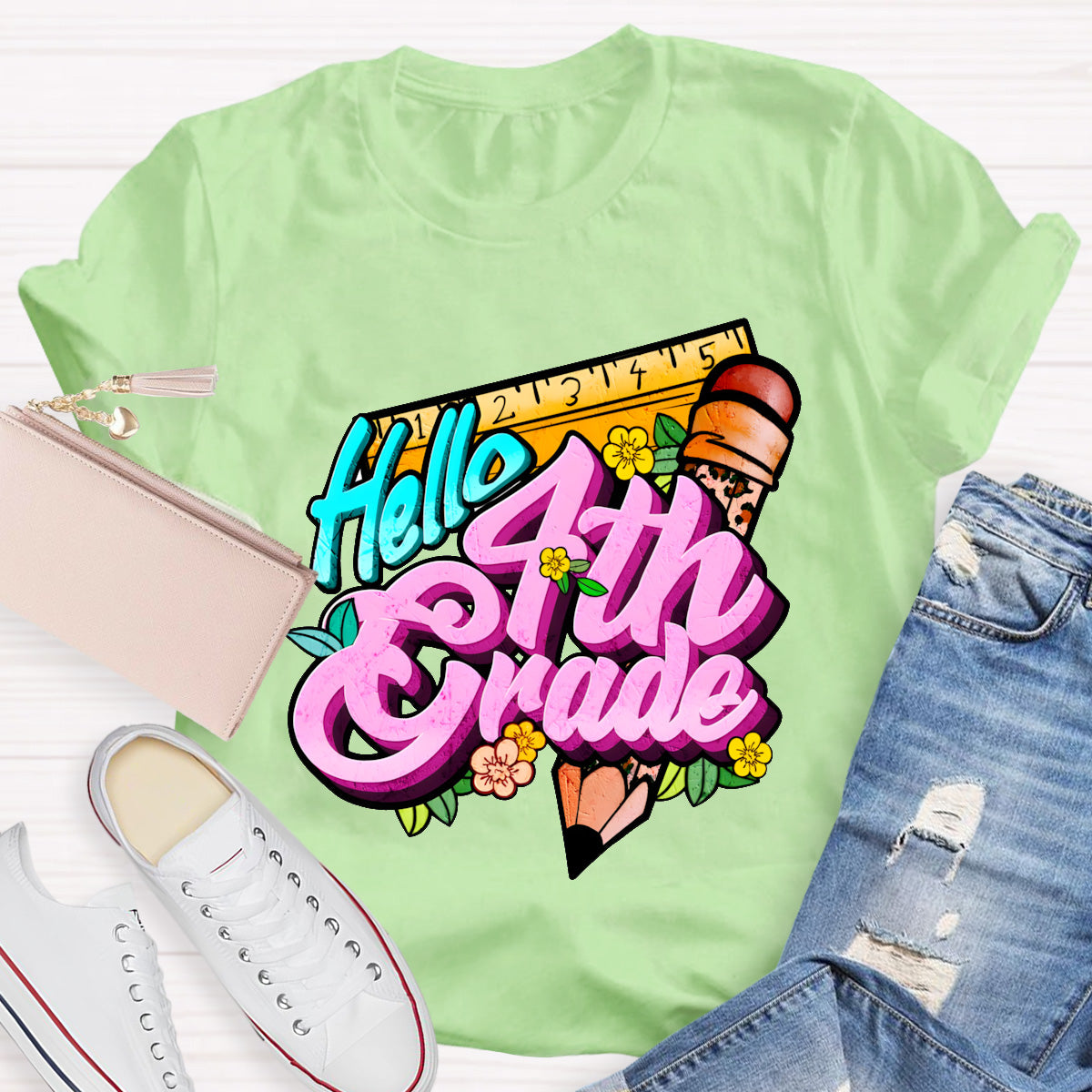 Personalized Grade Hello 4th Grade Back To School Teacher T-Shirt