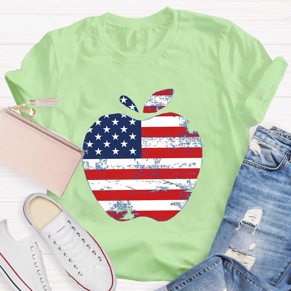 US Flag Apple Teacher T-Shirt