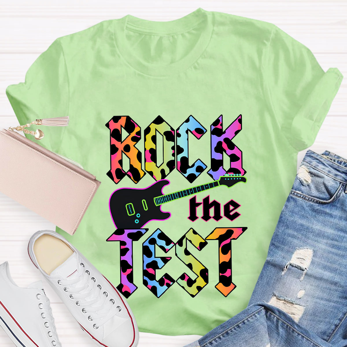 Rock The Test Colorful Leopard Print Teacher T-Shirt