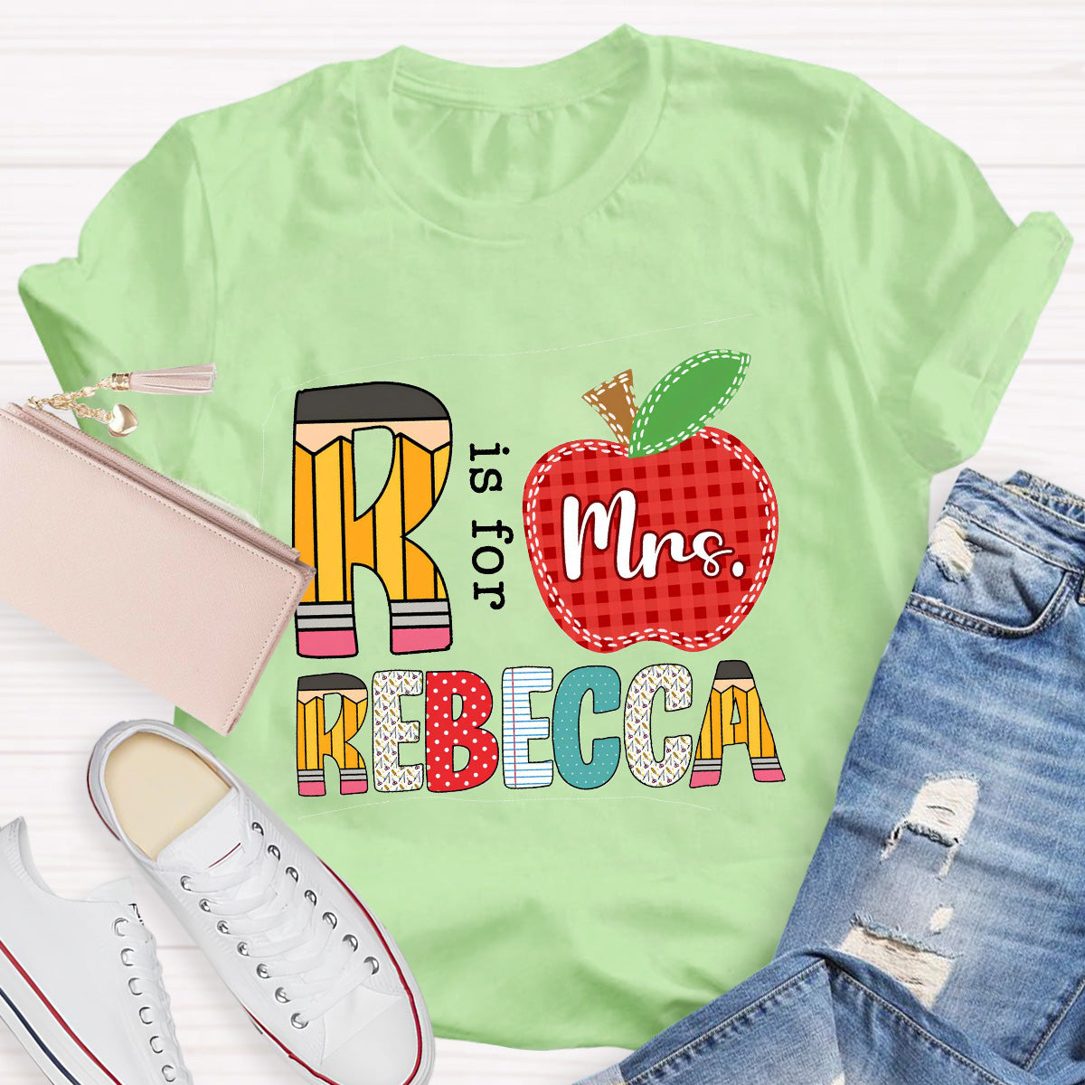 Personalized Name Red Apple R Is For Rebecca Teacher T-Shirt