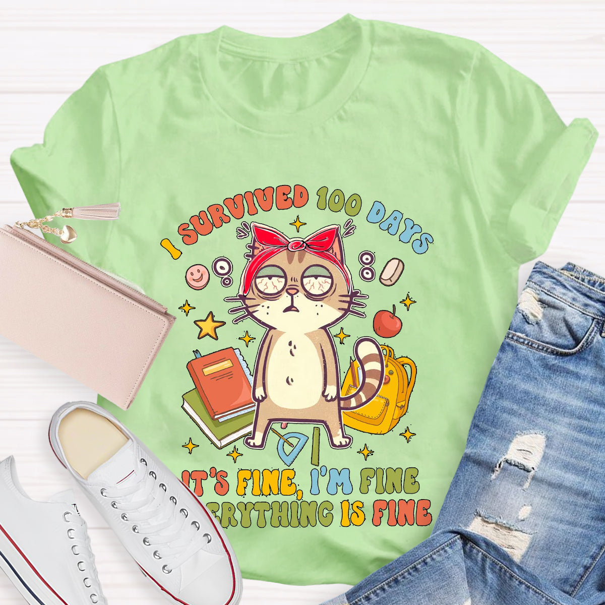 I Survived 100 Days Everything Is Fine Funny Cat T-Shirt