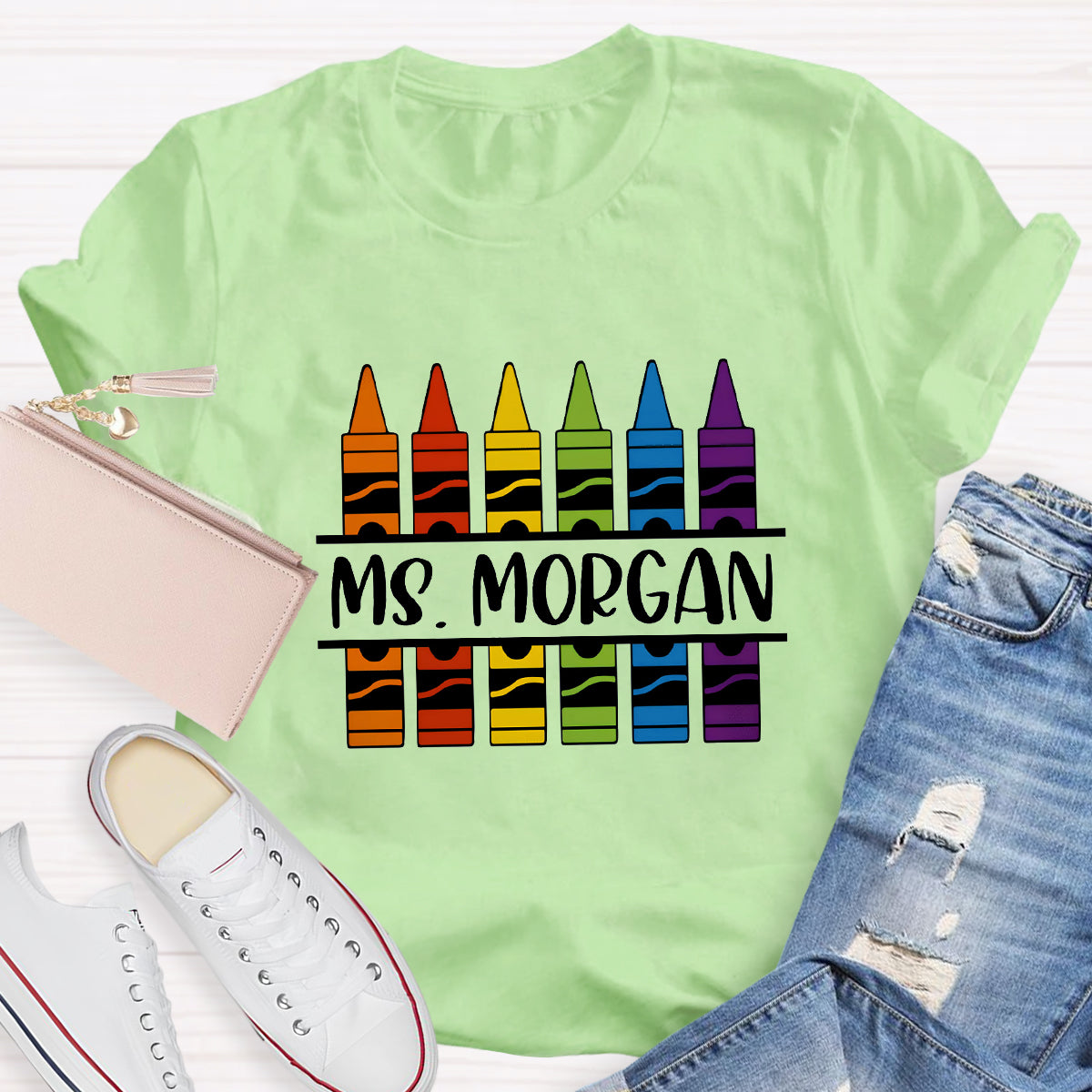 Personalized Name Crayon Printed Teacher T-shirt