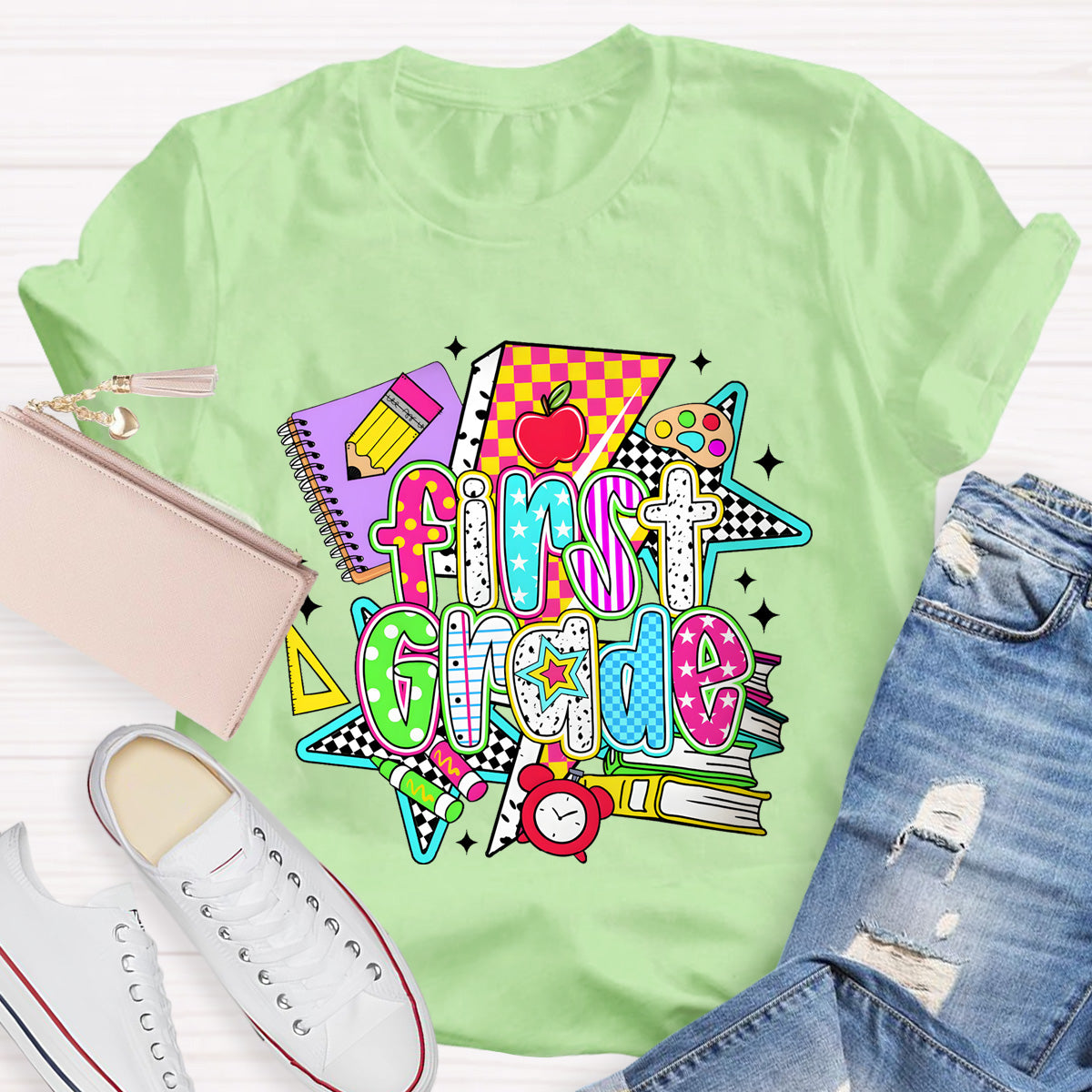 Personalized Grade First Grade Teacher Books Pencil T-Shirt