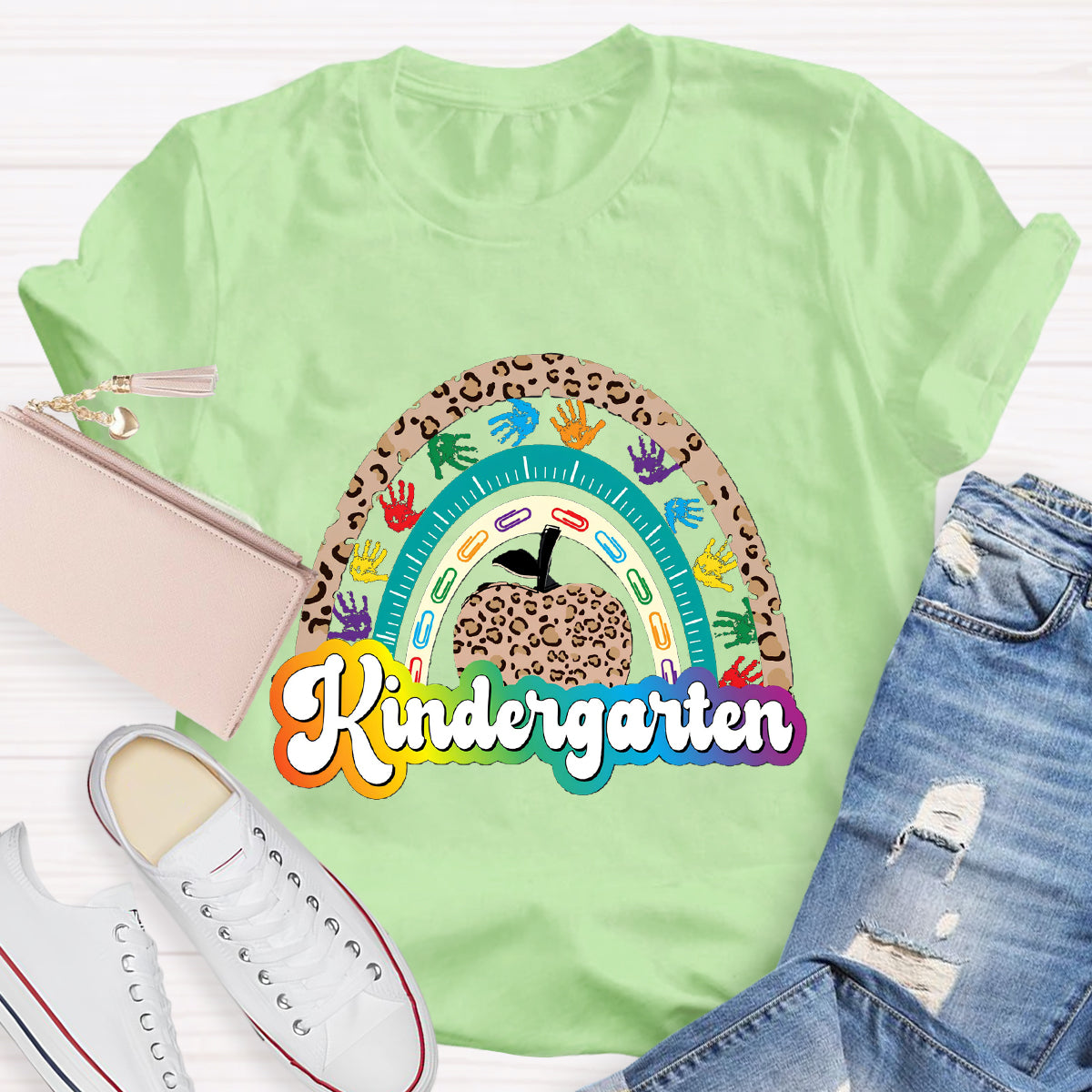 Personalized Grade Leopard Apple Rainbow Teacher T-Shirt
