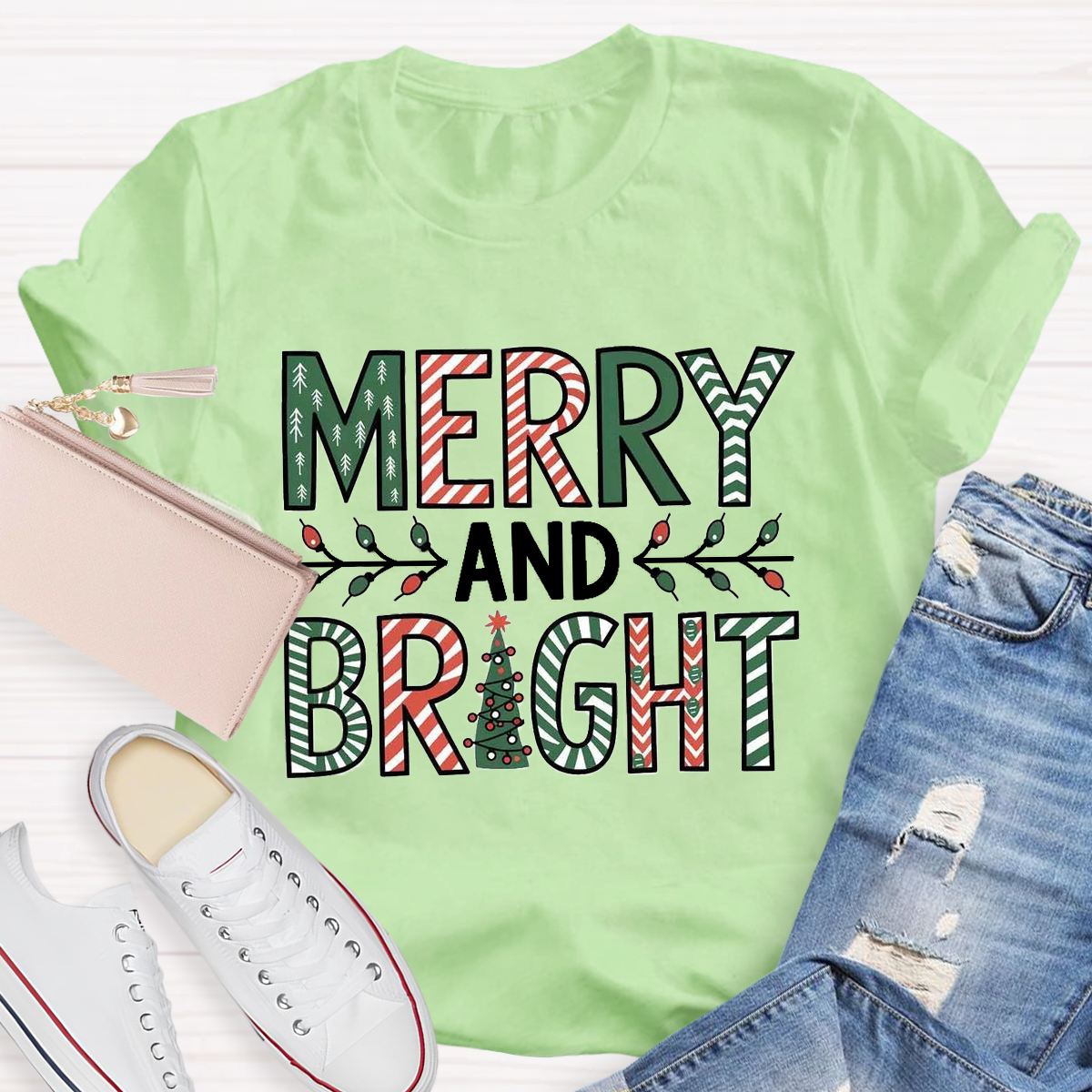 Merry And Bright Christmas Tree Teacher T-Shirt
