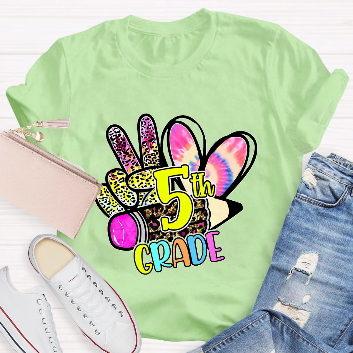 Personalized Grade Colorful Leopard Heart 5th Grade Teacher T-Shirt