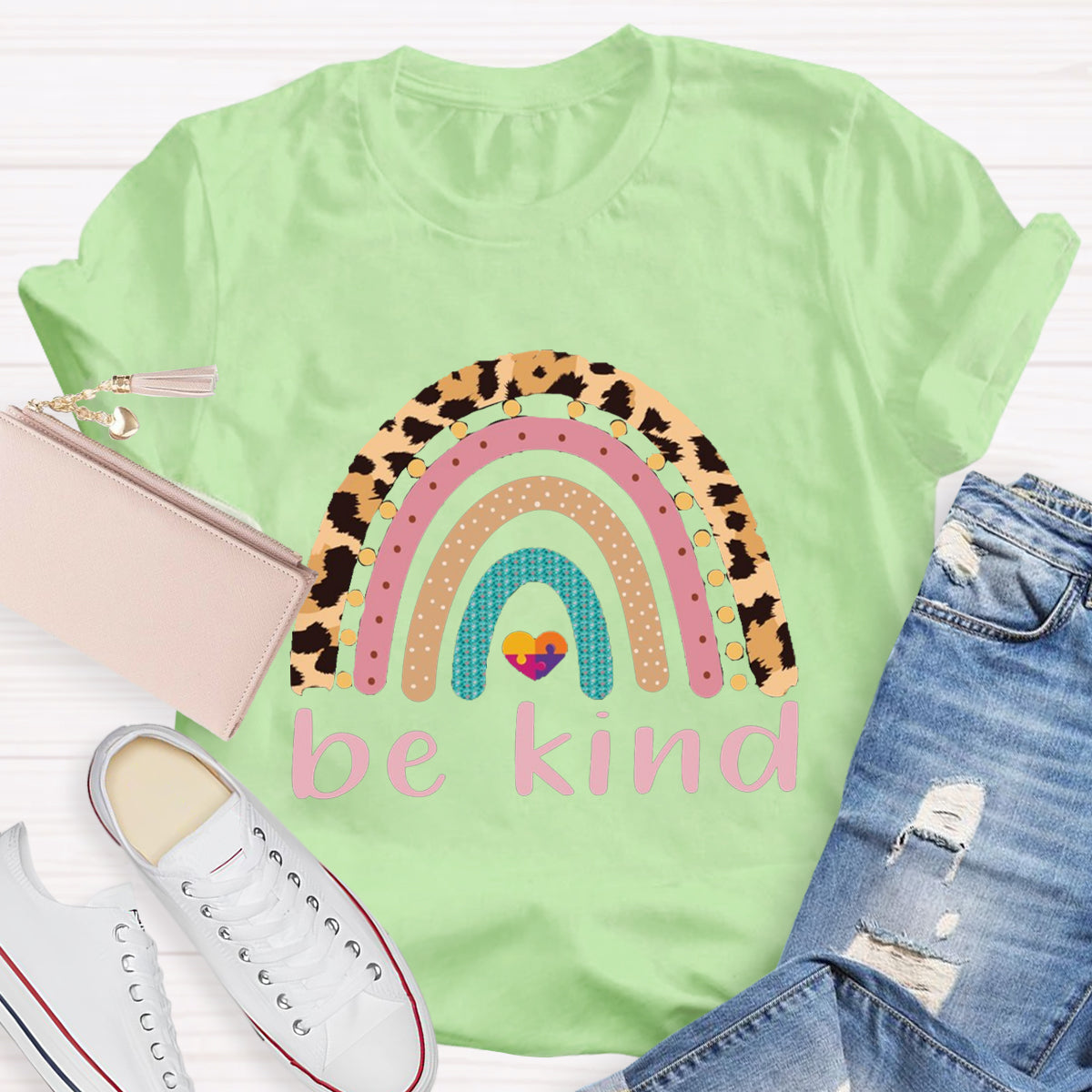 Be Kind Leopard Rainbow Colorful Heart T-Shirt