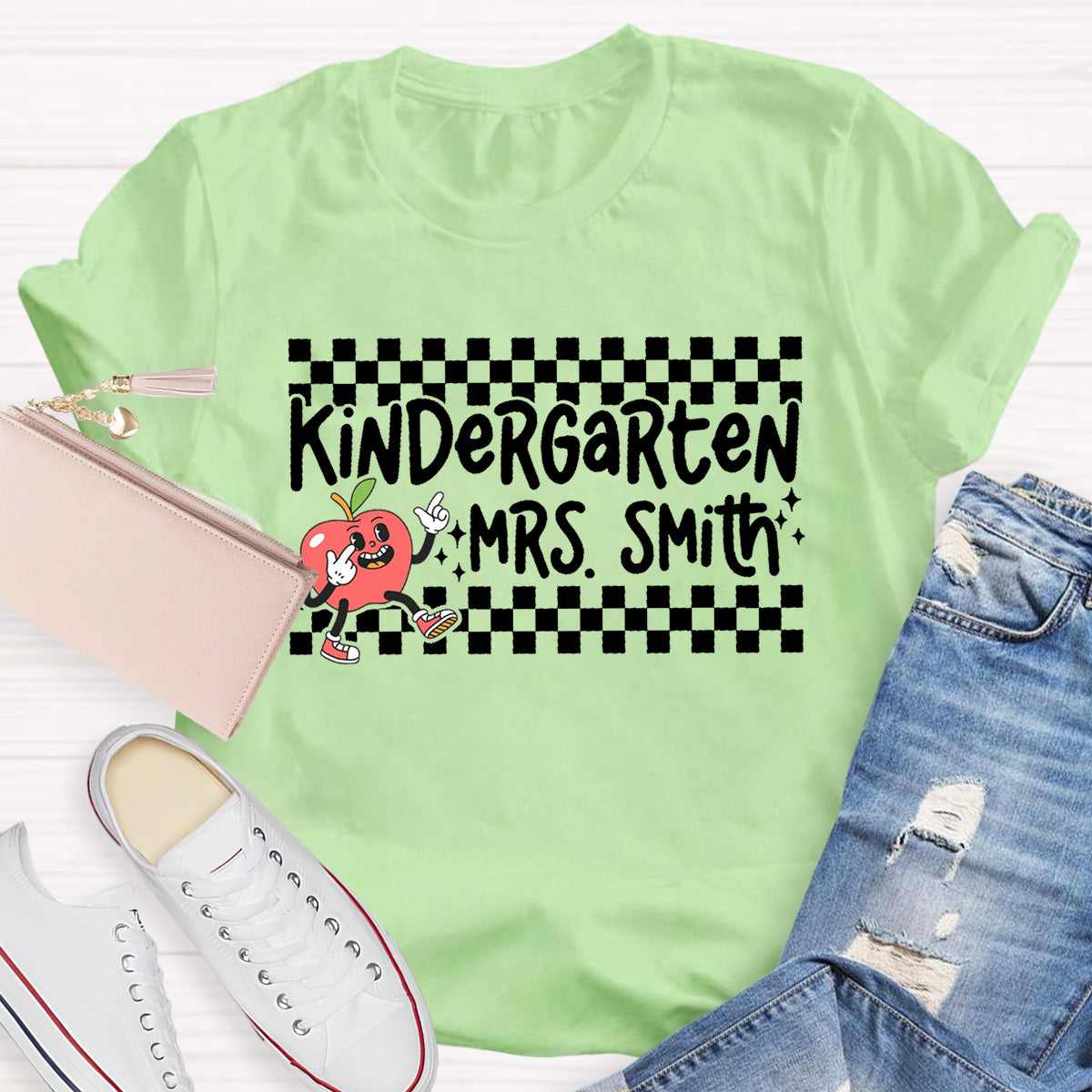 Personalized Grade And Name Chessboard pattern Apple Teacher T-Shirt