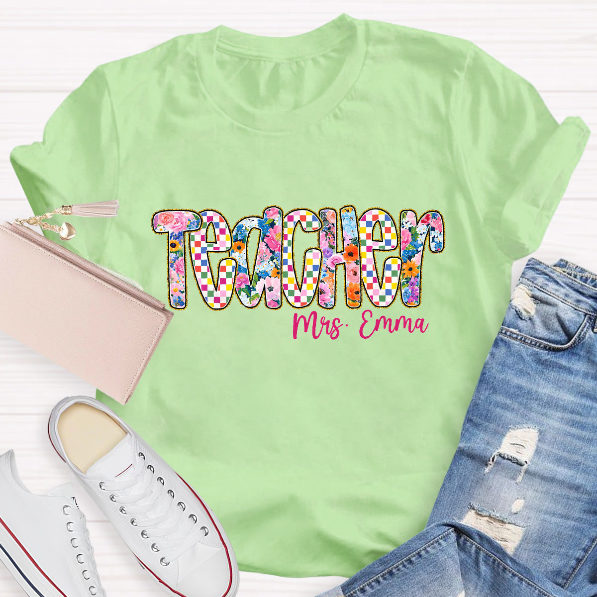 Personalized Name Pink Flowers  Teacher T-Shirt