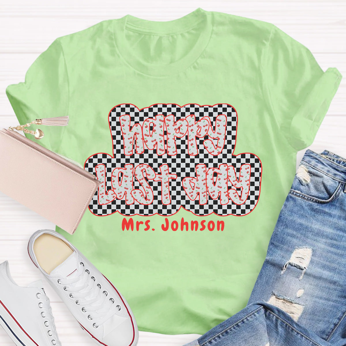 Personalized Name Happy Last Day Checkerboard T-Shirt