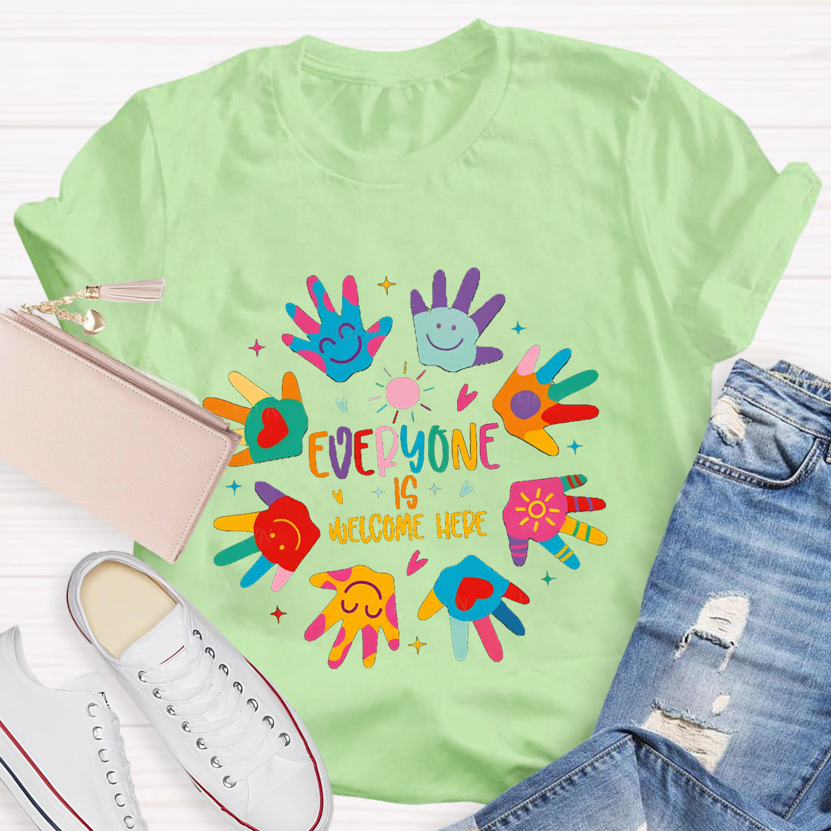 Everyone Is Welcome Here Colorful Hands Teacher T-Shirt