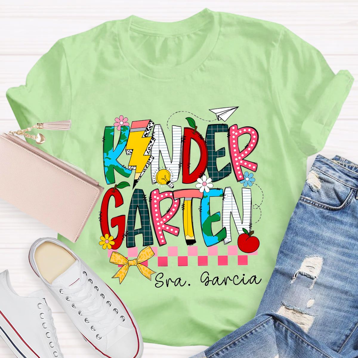 Personalized Grade And Name  Apple Pencil light Teacher T-Shirt