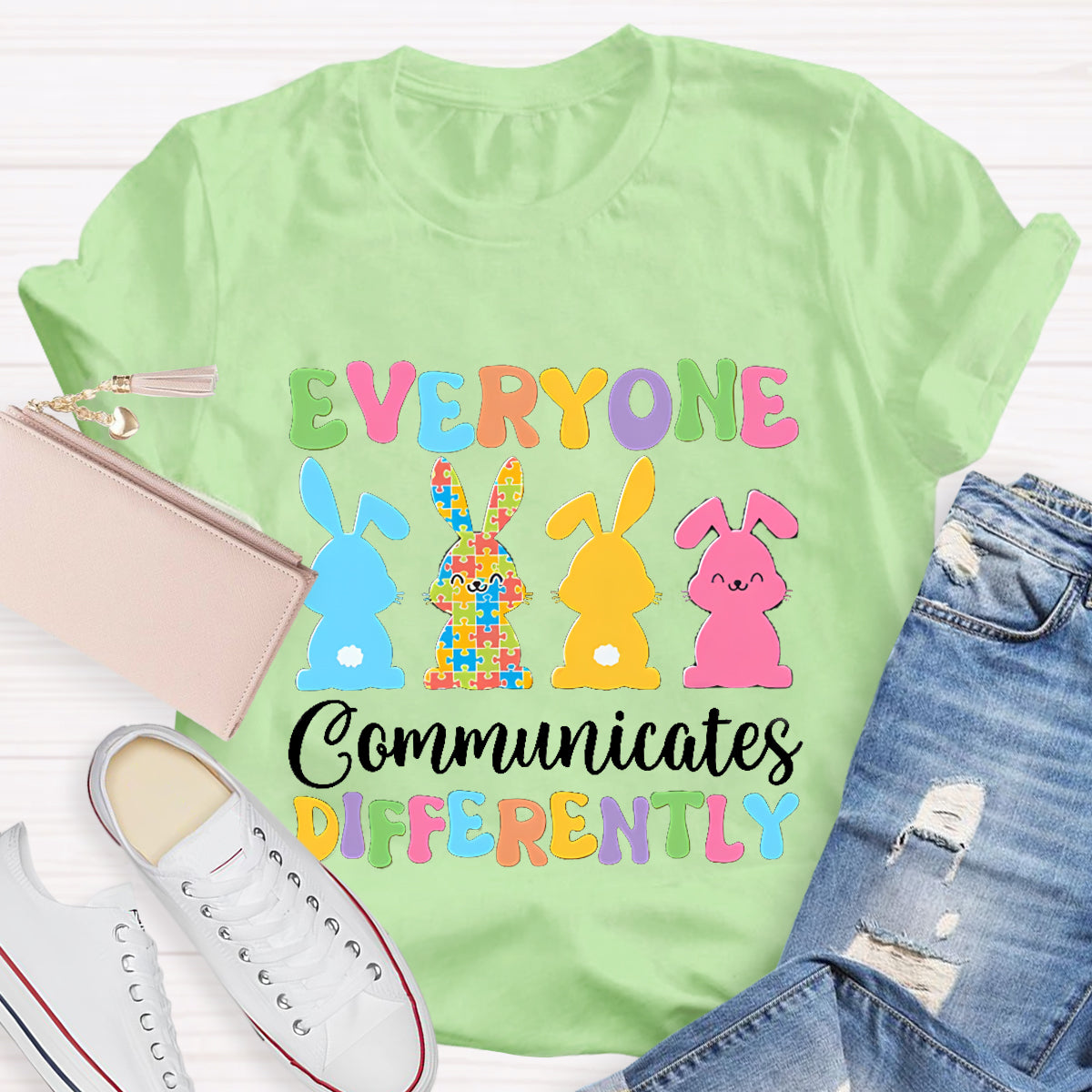 Everyone Communicates Differently Bunny Teacher T-Shirt