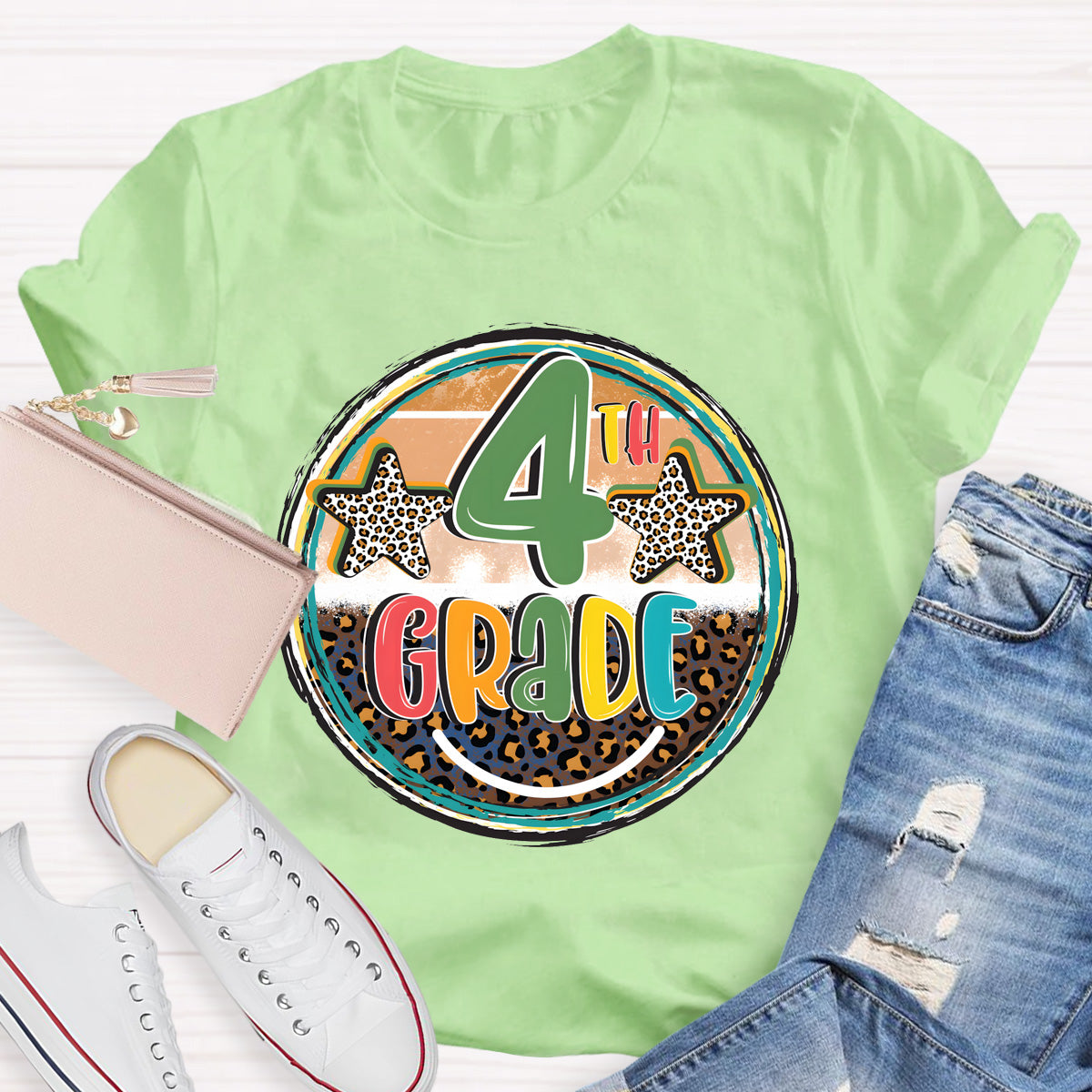 Personalized Grade Leopard Star 4th Grade Teacher T-Shirt