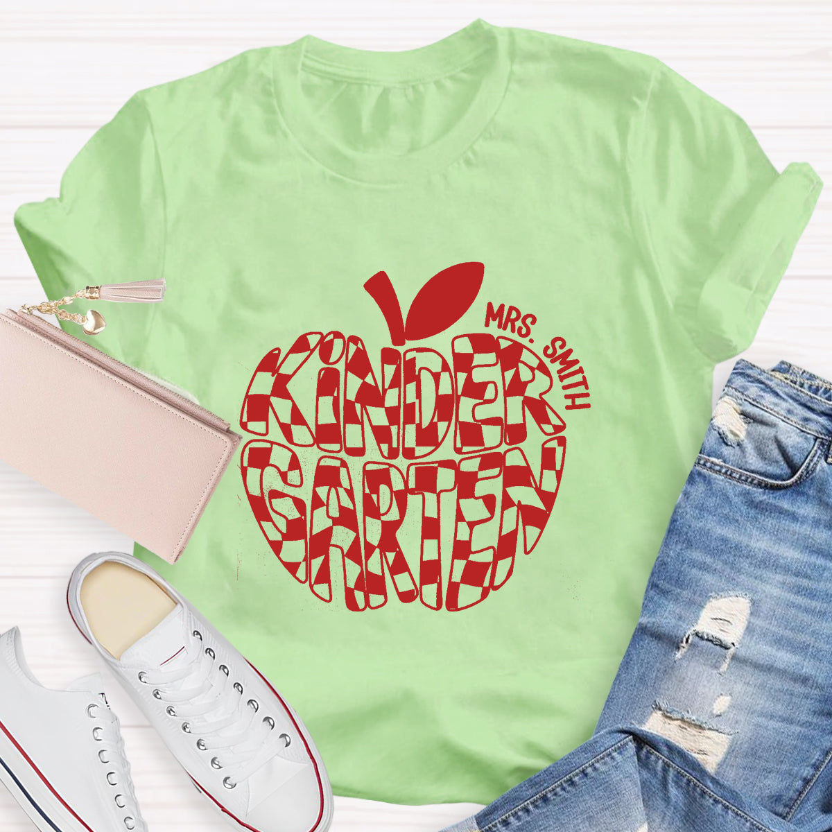 Personalized Name Kinder Garten Teacher Apple T-Shirt