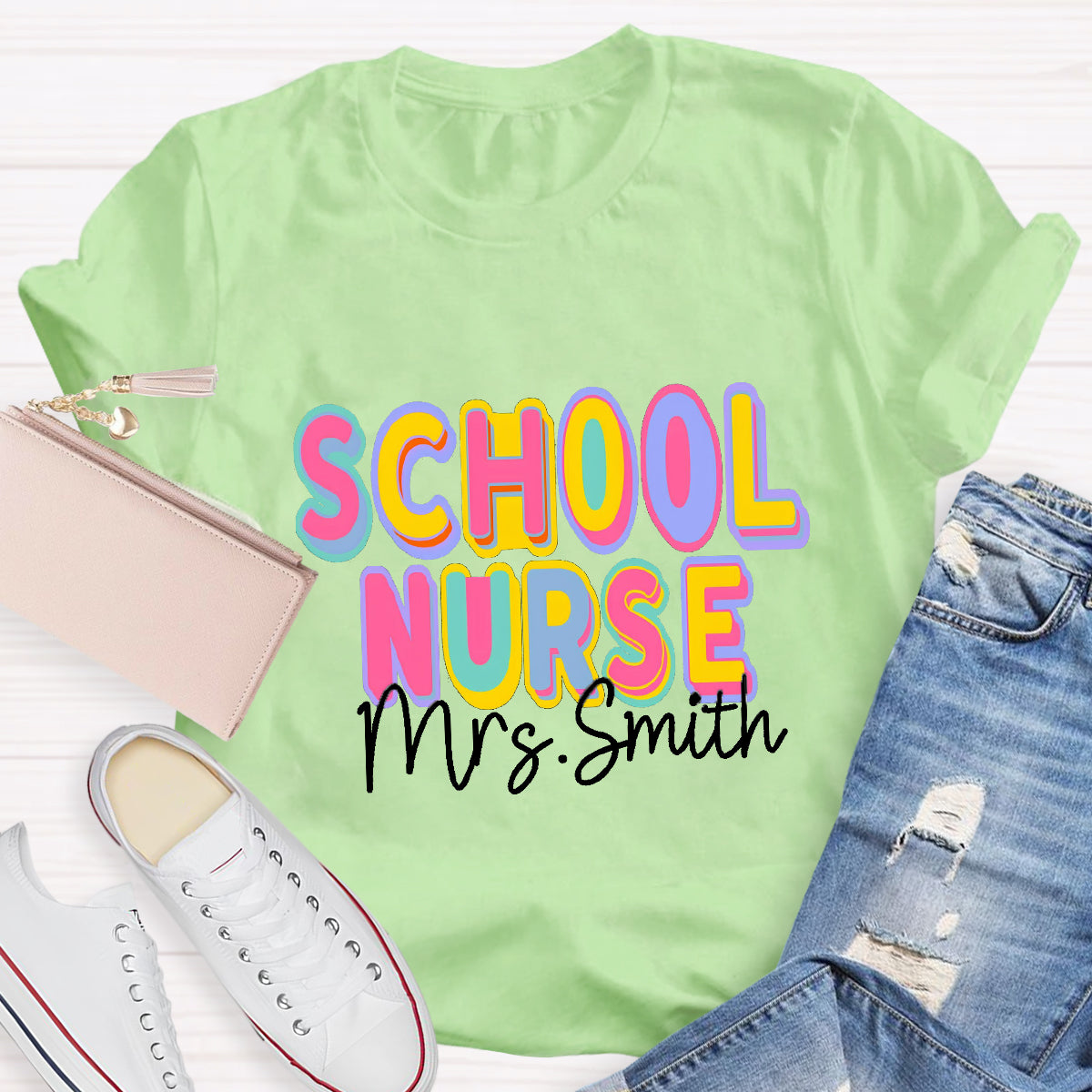 Personalized School Nurse Name Colorful Printed Letter T-Shirt