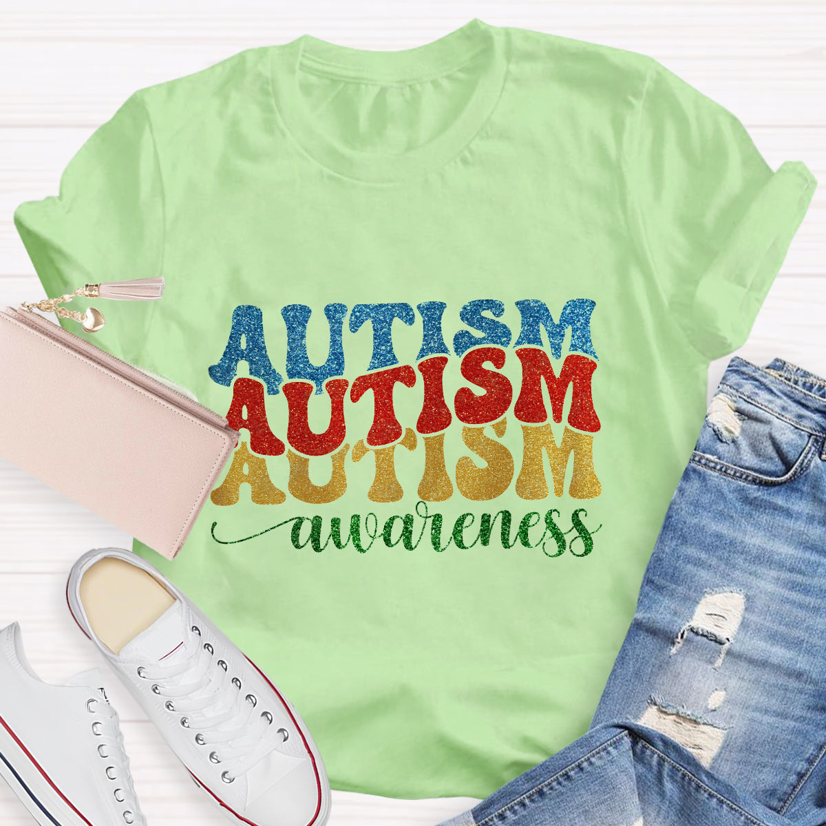 Rainbow Colors Glitter Autism Awareness T-Shirt