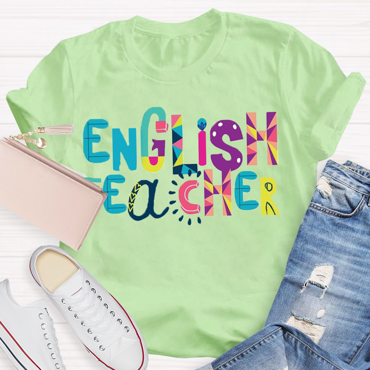 Artistic Color Block Design English Teacher T-Shirt