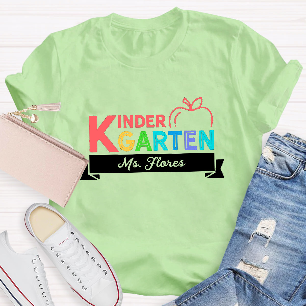 Personalized Kindergarten Teacher's Name  Apple Printed T-Shirt