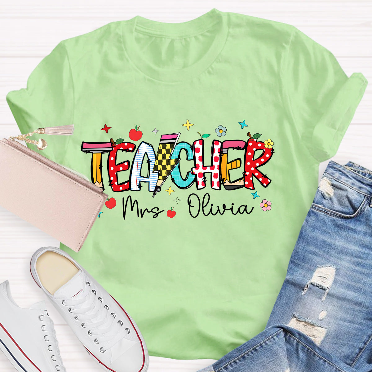 Personalized Name Star And Flower Teacher T-Shirt