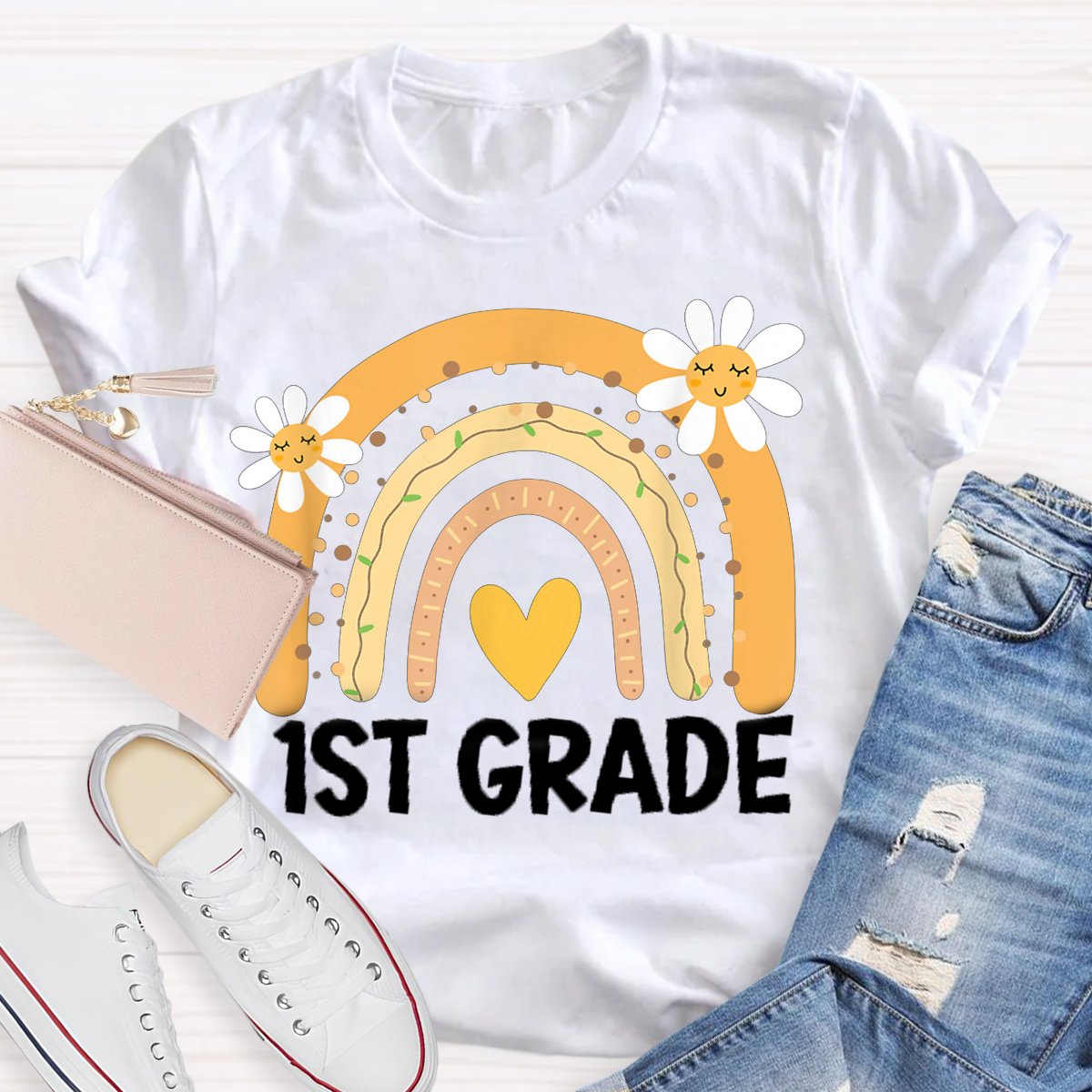 Personalized Grade Rainbow Flowers Teachers T-shirt