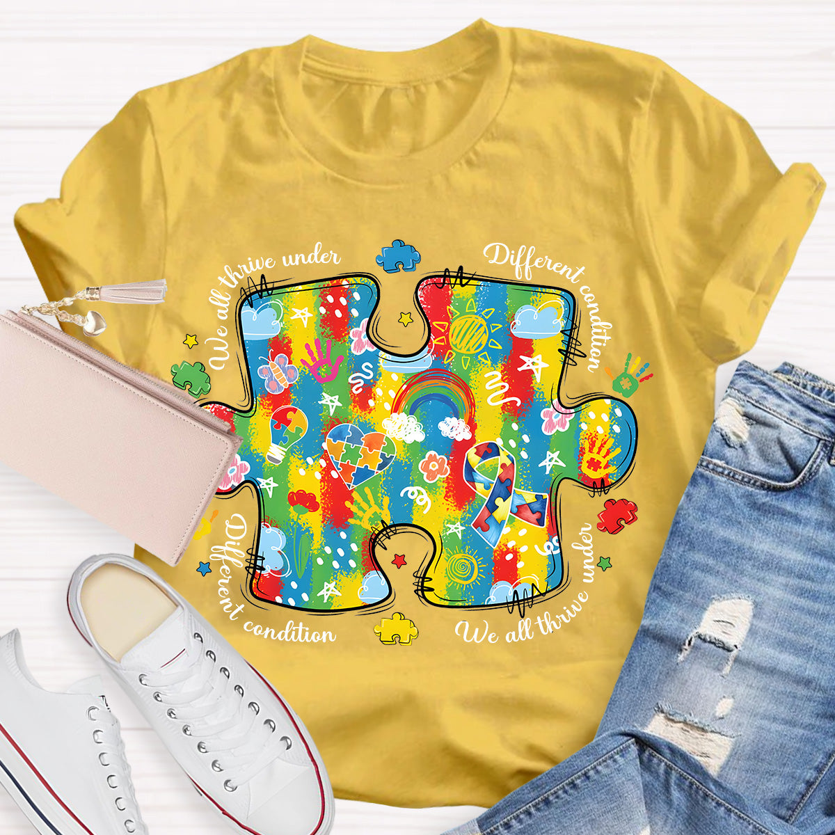 We All Think Under Different Condition Rainbow Puzzle Teacher T-Shirt