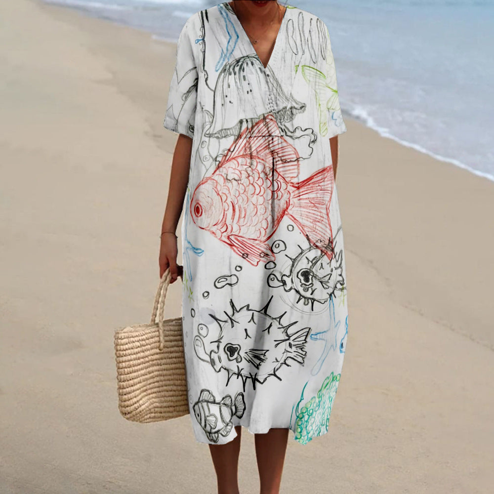Graffiti Lines Teacher V-neck Resort Dress