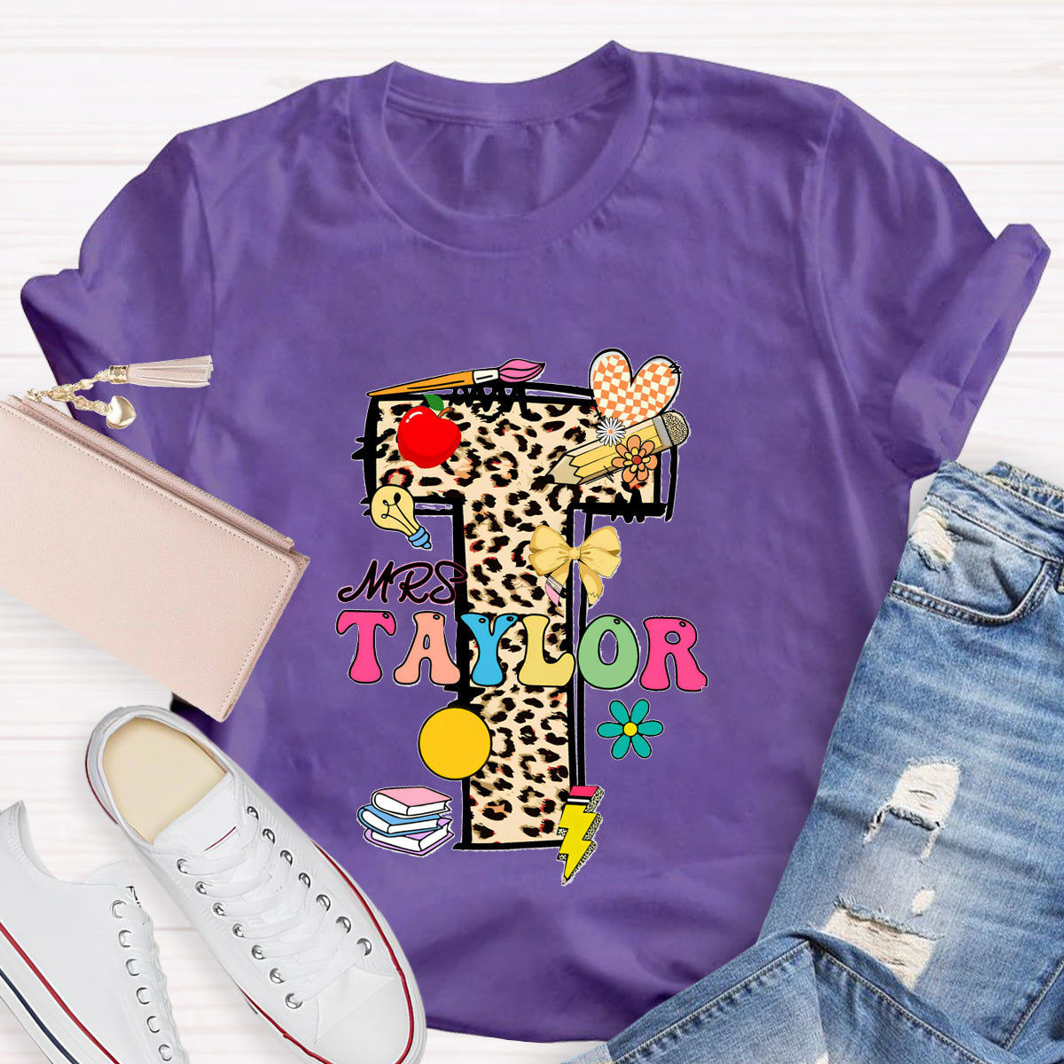 Personalized Name Leopard print Letter Teacher T-Shirt
