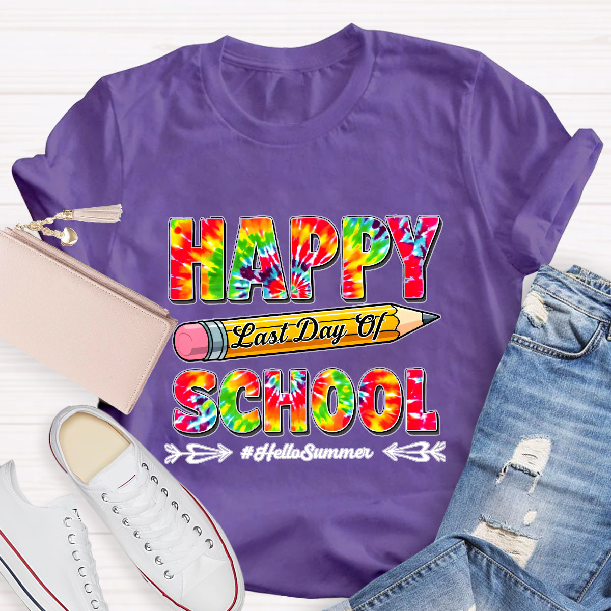 Happy Last Day Of School Hello Summer Colorful Pencil Teacher T-Shirt