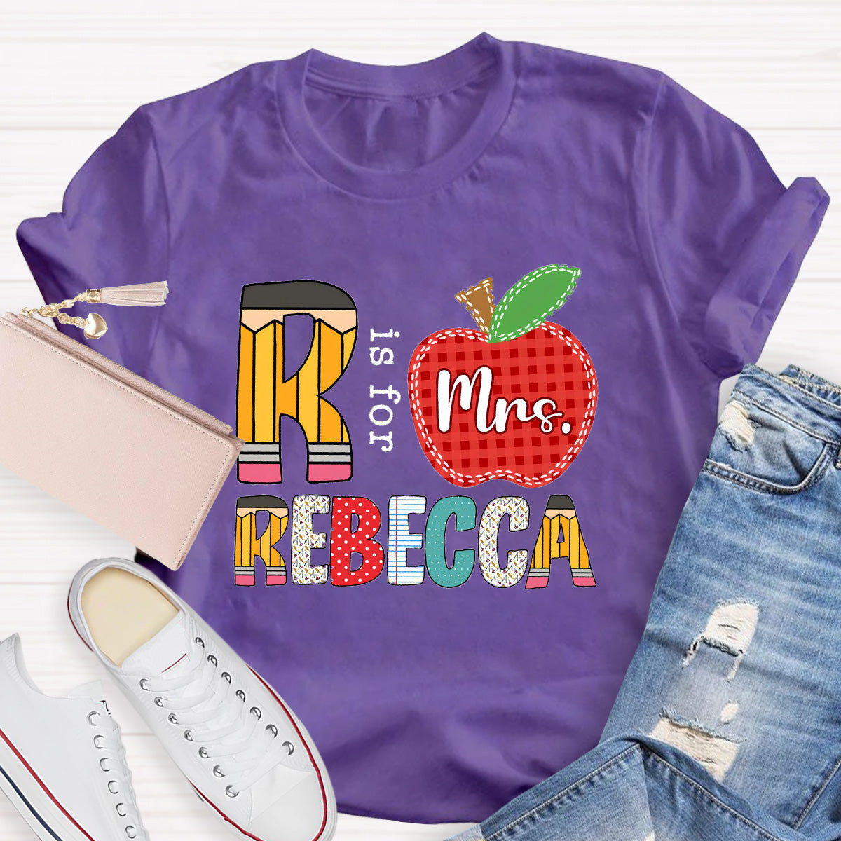 Personalized Name Red Apple R Is For Rebecca Teacher T-Shirt