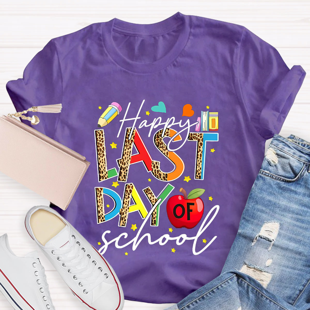 Happy Last Day Of School Leopard Printed Teacher T-Shirt
