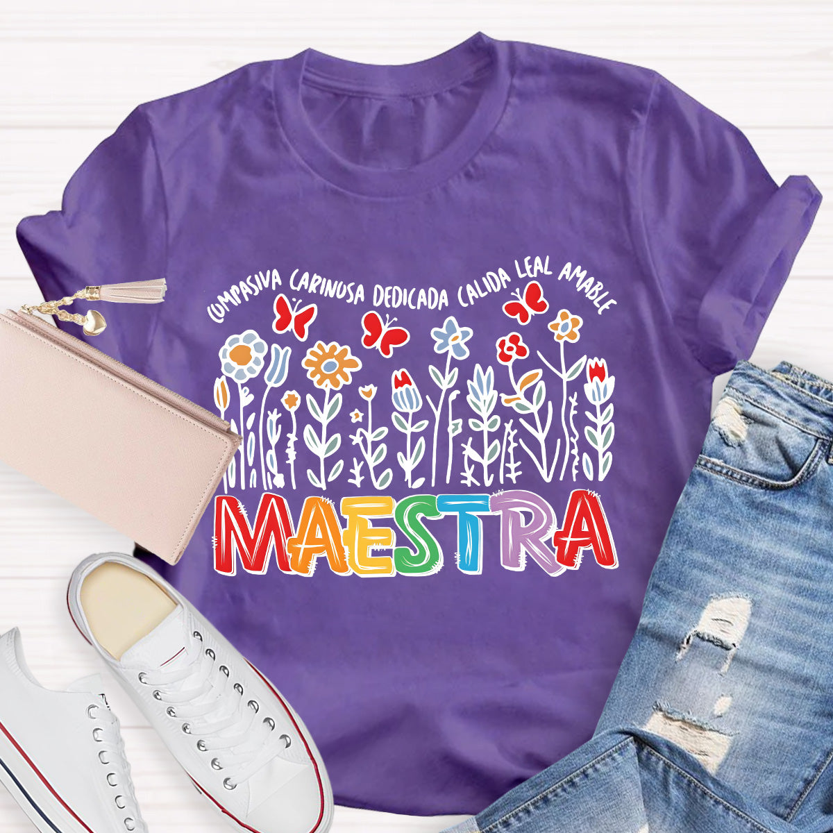 Maestra Butterfly And Flowers Teacher T-Shirt