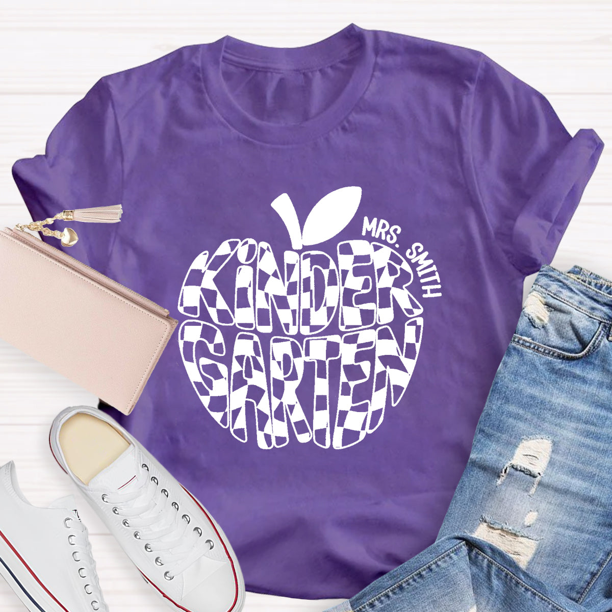 Personalized Name Kinder Garten Teacher Apple T-Shirt
