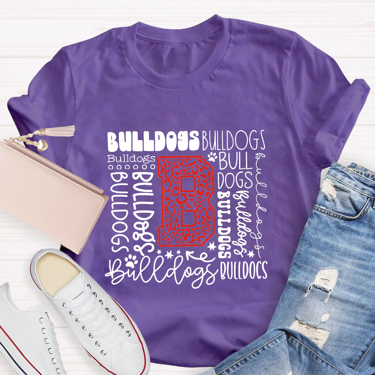 Personalized Mascot Bulldogs Red Printed Teacher T-Shirt