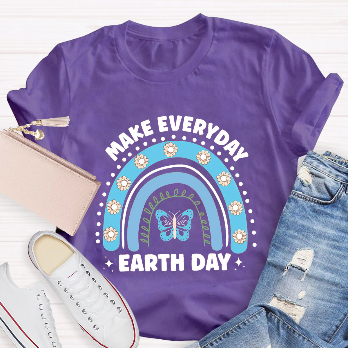Make Everyday Earth Day Butterfly Flower Rainbow T-Shirt