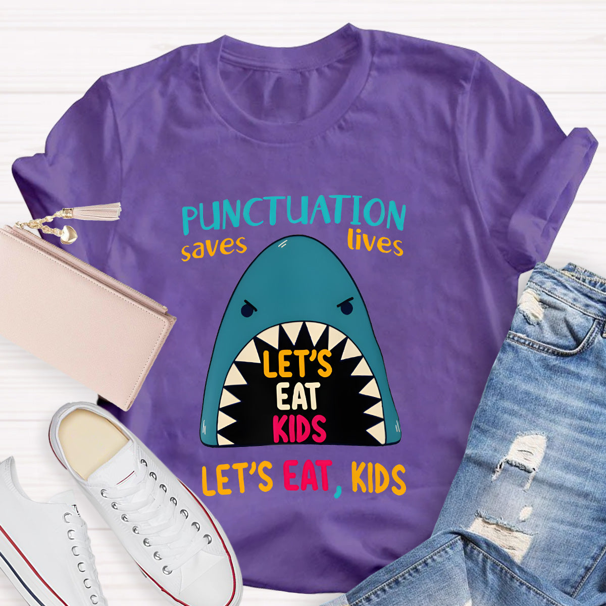 Punctuation Saves Lives The Blue Shark Teacher T-Shirt