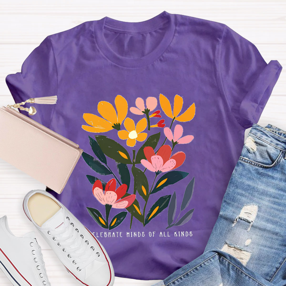 Art Flower Celebrate Minds of All Kinds Teacher T-Shirt