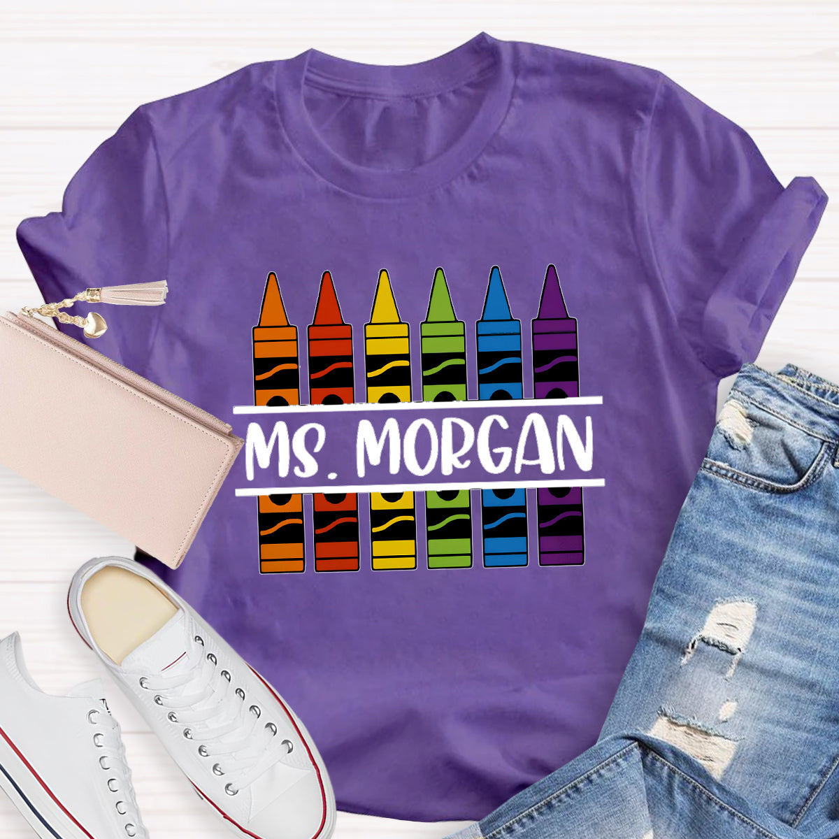 Personalized Name Crayon Printed Teacher T-shirt