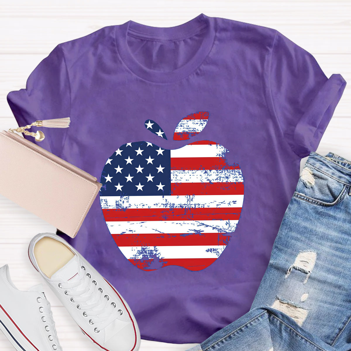 US Flag Apple Teacher T-Shirt