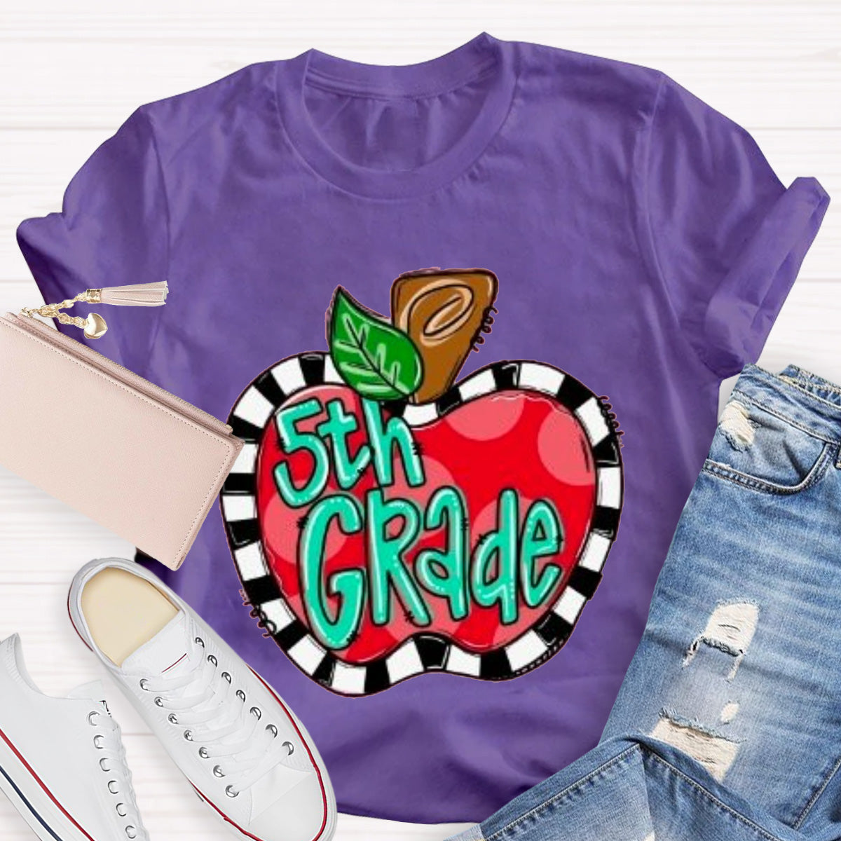 Personalized Grade Teacher Color Block  Apple Printed T-Shirt