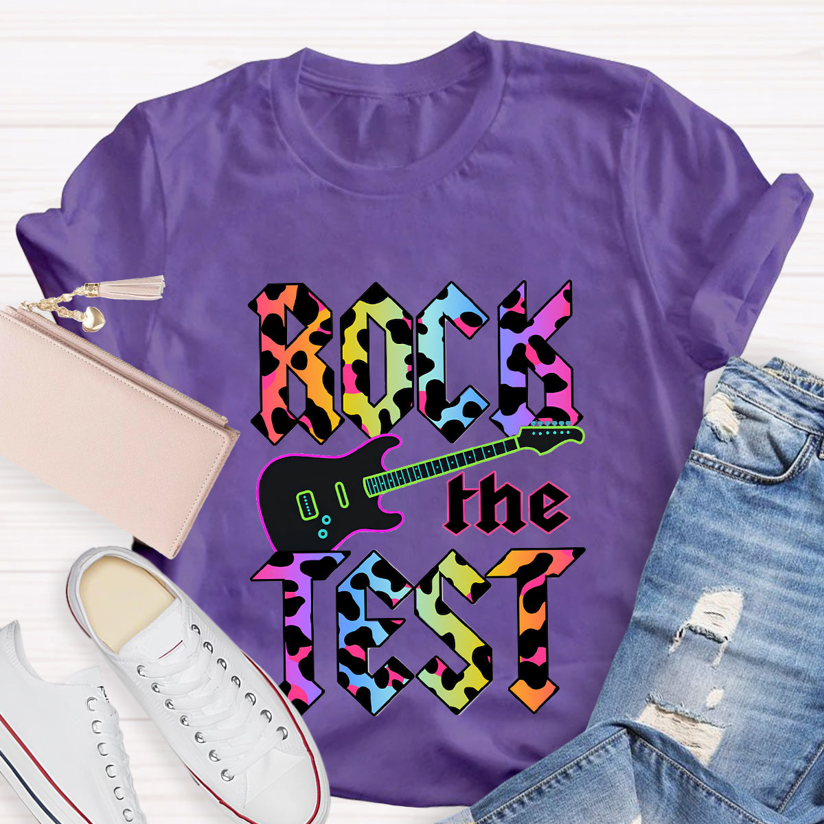 Rock The Test Colorful Leopard Print Teacher T-Shirt