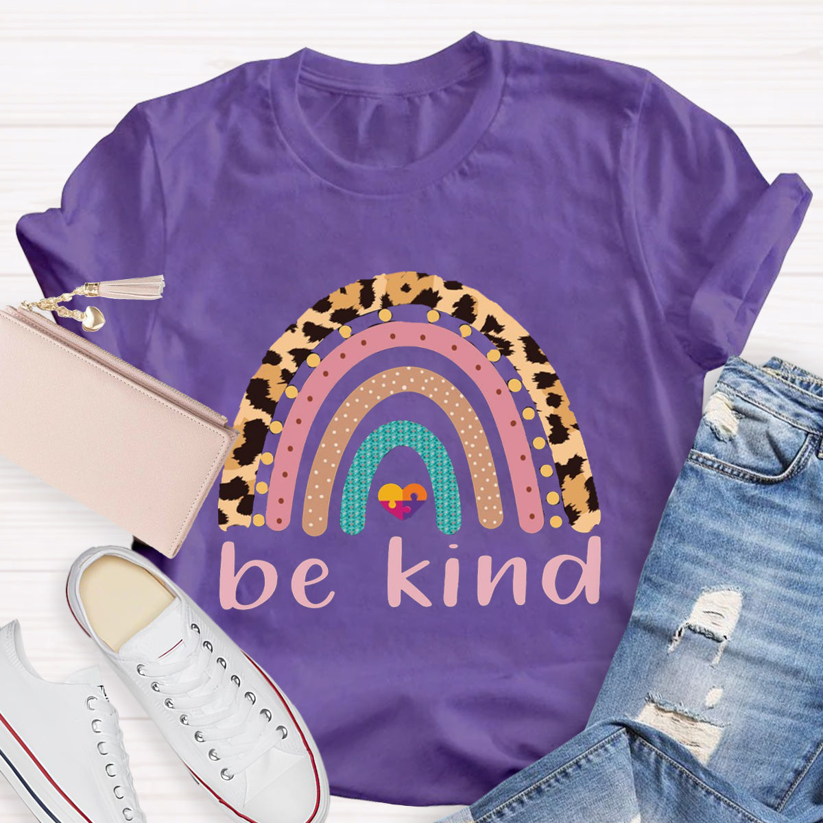 Be Kind Leopard Rainbow Colorful Heart T-Shirt
