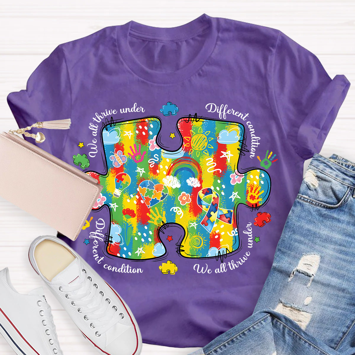 We All Think Under Different Condition Rainbow Puzzle Teacher T-Shirt