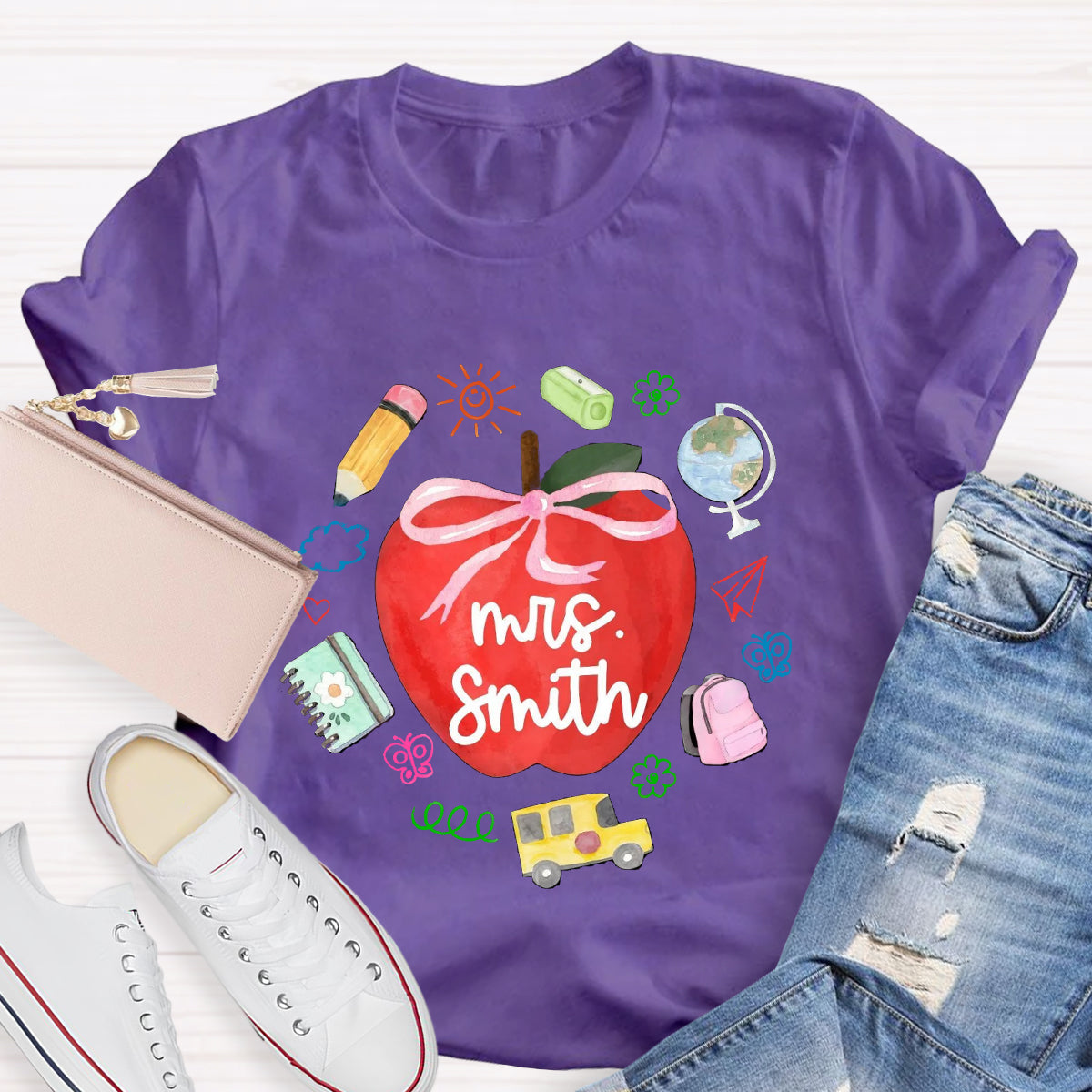 Personalized Name Red Apple Teacher T-Shirt