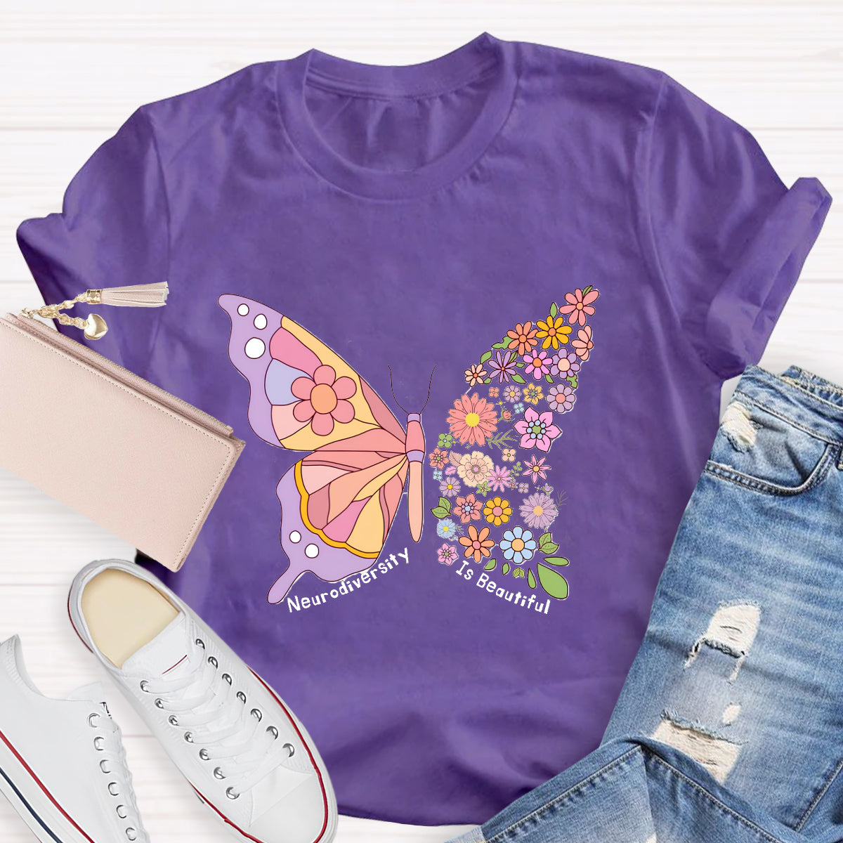 Neurodiversity Is Beautiful Floral Butterfly Teacher T-Shirt