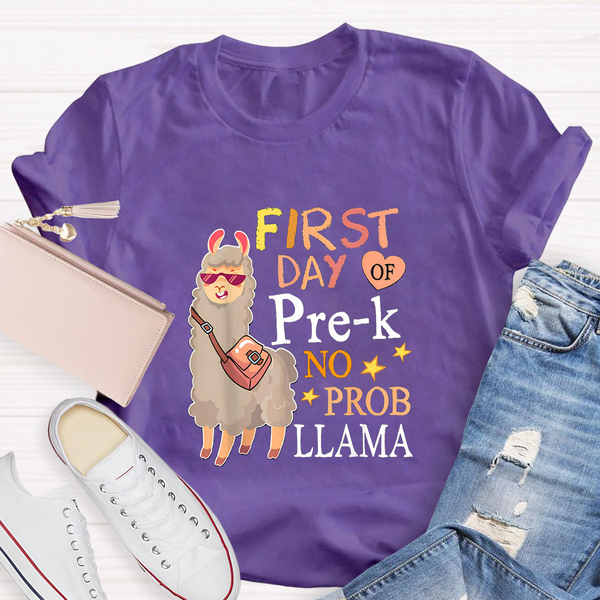 Personalized Grade First Day Of Pre-k No Prob Llama Spanish Teacher T-Shirt